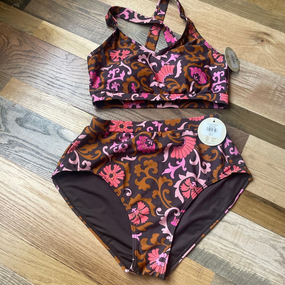 DownEast Swim Helio Bikini Set M Floral High Rise UPF 50 NWT